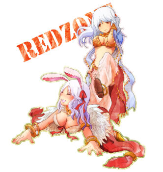 2girls animal_ears bangle bikini bracelet breasts brown_sandals cleavage closed_eyes closed_mouth coin_(ornament) commentary_request dancer dancer_(ragnarok_online) expressionless feathered_wings fingernails full_body jewelry large_breasts lautrec_v looking_at_another medium_breasts multiple_girls neck_ring open_mouth pants rabbit_ears rabbit_girl ragnarok_online red_skirt sandals sequins showgirl_skirt simple_background skirt smile stepped_on swimsuit wanderer_(ragnarok_online) white_background white_bikini white_hair white_pants white_wings wings yellow_bikini