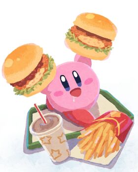 :d blue_eyes blush_stickers burger commentary_request cup disposable_cup drinking_straw drooling fast_food food french_fries highres holding holding_food kirby kirby_(series) looking_at_viewer miclot nintendo no_humans open_mouth simple_background smile solo white_background