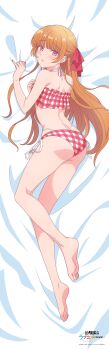 1girl absurdres anime_coloring ass barefoot bikini bow copyright_name copyright_notice dakimakura_(medium) full_body hair_ribbon highres hiodoshi_akari long_hair lying official_art on_side orange_hair osananajimi_to_wa_lovecome_ni_naranai parted_lips plaid_bikini plaid_clothes red_bow red_eyes red_nails red_ribbon ribbon side-tie_bikini_bottom solo swimsuit