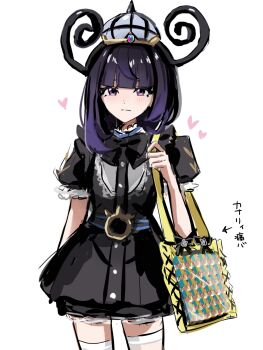 1girl absurdres bag black_dress black_hair blunt_bangs bob_cut character_badge closed_mouth dress frilled_sleeves frills gwynn_(pokemon) hat heart highres itabag kairi0w0 looking_at_viewer merchandise nintendo otaku pokemon pokemon_legends:_z-a short_hair short_sleeves solo thighhighs