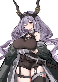 1girl absurdres arknights arm_under_breasts bare_shoulders black_hairband black_thighhighs breasts commentary_request cowboy_shot demon_horns expressionless flower-land hairband highres horns long_hair long_sleeves looking_at_viewer off_shoulder one_eye_closed purple_hair red_eyes simple_background solo thighhighs typhon_(arknights) white_background