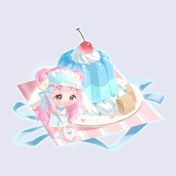 Rule 34 | 1girl, :o, animal ears, animal slippers, ankle socks, aqua outline, artist name, blue bow, blue dress, blue mask, blue ribbon, blush, bow, brown eyes, cherry, chibi, chinese commentary, collared dress, commentary request, double bun, dream-weaving lamb (shining nikki), dress, eyelashes, fake animal ears, food, frills, fruit, gelatin, grey background, hair bun, heart, highres, holding, holding spoon, horned mask, horns, lanlan zhi jiabing, light particles, long hair, long sleeves, looking to the side, mask, mask on head, messy hair, napkin, nikki (nikki), nikki (series), no lineart, outline, oversized food, oversized object, parted lips, pink hair, plate, pleated dress, polka dot, polka dot dress, ribbon, sheep ears, sheep horns, shining nikki, simple background, sleep mask, slippers, small horns, socks, solo, spoon, standing, tareme, very long hair, wafer, whipped cream, white horns, white slippers, white socks