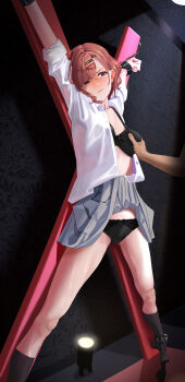1boy 1girl absurdres bdsm black_bra black_panties black_socks bondage bondage_cuffs bound bound_ankles bound_wrists bra brown_hair clothes_lift commentary_request frown grabbing_another&#039;s_breast groping highres higuchi_madoka idolmaster idolmaster_shiny_colors looking_at_another open_clothes open_shirt outstretched_arms outstretched_legs panties pleated_skirt po-i-mu restrained school_uniform shirt short_hair skirt skirt_lift socks spread_eagle_position underwear white_shirt