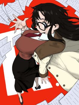 Rule 34 | 1girl, ass, between fingers, black-framed eyewear, black hair, black shoes, black skirt, blue eyes, breasts, brown sweater vest, coat, collared shirt, commentary, dress shirt, falling paper, floating hair, glasses, hand up, highres, holding, holding paper, large breasts, long hair, long skirt, long sleeves, looking at viewer, necktie, open clothes, open coat, paper, perspective, read or die, red background, red necktie, shirt, shoes, skirt, solo, standing, sweater vest, toshinoshin, twisted torso, white coat, white shirt, yomiko readman