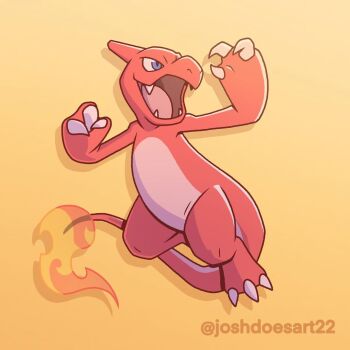blue_eyes charmeleon claws commentary english_commentary fangs fire flame-tipped_tail full_body gen_1_pokemon gradient_background joshdoesart22 nintendo no_humans nostrils open_mouth pokemon pokemon_(creature) simple_background solo tail