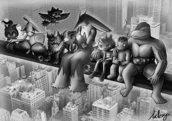 Rule 34 | archecopeteryx, belt, building, cigarette, city, claws, closed eyes, closed mouth, commentary, darumaka, deviantart logo, deviantart username, english commentary, flying, food, fruit, gen 1 pokemon, gen 2 pokemon, gen 3 pokemon, gen 5 pokemon, gen 7 pokemon, gen 8 pokemon, greyscale, hand on another's shoulder, holding, holding cigarette, holding food, holding fruit, horns, legendary pokemon, lunch atop a skyscraper (photograph), machoke, machop, marshadow, medicham, meltan, monochrome, murkrow, muscular, mythical pokemon, nintendo, nut (hardware), open mouth, parody, perrserker, photo background, pokemon, pokemon (creature), pokemon focus, sharp teeth, signature, sitting, skyscraper, smile, smoke, steel beam, teeth, tyrogue, watermark, web address