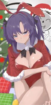 1boy 1girl absurdres animal_ears blue_archive blue_eyes blurry blurry_foreground blush box breasts christmas christmas_tree commentary_request decorating_christmas_tree doodle_sensei_(blue_archive) fur_trim gift gift_box halo hat highres kurohart long_hair mechanical_halo multicolored_eyes playboy_bunny pom_pom_(clothes) purple_hair rabbit_ears santa_hat sensei_(blue_archive) two-tone_eyes two_side_up yuuka_(blue_archive)