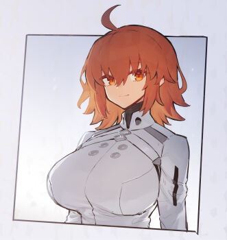 1girl ahoge alternate_breast_size_(larger) breasts chaldea_logo commentary_request dress fate/grand_order fate_(series) fujimaru_ritsuka_(female) fujimaru_ritsuka_(female)_(decisive_battle_chaldea_uniform) jacket long_sleeves looking_at_viewer medium_hair melon22 orange_eyes orange_hair smile white_dress white_jacket
