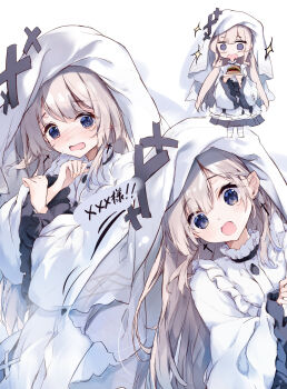 Rule 34 | 1girl, 5nikorai, absurdres, blue eyes, blush, brown hair, burger, chestnut mouth, chibi, chibi inset, commentary request, cross, cross earrings, dot nose, dress, earrings, food, frilled dress, frills, hair between eyes, highres, hikami meruru, holding, holding plate, jewelry, long hair, long sleeves, looking at viewer, mahou shoujo no majo saiban, multiple views, navel, open mouth, plate, simple background, sparkle, surprised, upper body, veil, white background, white dress, white veil