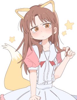 1girl animal_ears apron blush brown_eyes brown_hair city_(arawi_keiichi) closed_mouth commentary dot_nose dress embarrassed fox_ears fox_tail grabbing_own_hair highres holding holding_own_hair jitome kemonomimi_mode long_hair looking_at_viewer maid nagumo_midori pink_dress puffy_short_sleeves puffy_sleeves short_sleeves simple_background solo star_(symbol) tail tears white_apron white_background wichimi