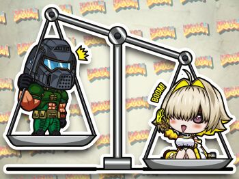1girl abs absurdres ahoge armor bag blonde_hair blush breasts chibi chibi_only commentary_request cropped_sweater djkurara_various doom_(series) doomguy drop_shadow elegg_(nikke) fang gauge gloves goddess_of_victory:_nikke green_armor green_pants grey_shorts hair_intakes hair_over_eyes hand_up helmet highres large_breasts looking_at_viewer multicolored_hair muscular muscular_male navel open_mouth outline pants pink_eyes rabbit short_hair short_sleeves shorts shoulder_bag skin_fang standing sweat sweater teeth thick_lineart thigh_strap two-sided_gloves white_background white_outline yellow_background yellow_gloves zoom_layer
