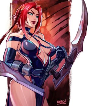 1girl belt black_dress bloodrayne bloodrayne_(videogame) blue_eyes breasts cleavage dhampir dress half-human latex red_hair red_lips reiq short_hair sword undead vampire weapon