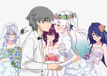 1boy 4girls acheron_(honkai:_star_rail) ahoge black_swan_(honkai:_star_rail) blue_hair blush caelus_(honkai:_star_rail) closed_eyes closed_mouth crowning dress firefly_(honkai:_star_rail) flower greyscale hands_up head_wreath honkai:_star_rail honkai_(series) jacket kafka_(honkai:_star_rail) kiss long_hair long_sleeves looking_at_another marriage monochrome multicolored_hair multiple_girls open_mouth pink_eyes purple_eyes purple_hair shirt short_hair smile trailblazer_(honkai:_star_rail) two-tone_hair veil very_long_hair wedding_dress white_dress white_hair white_jacket white_shirt yellow_eyes
