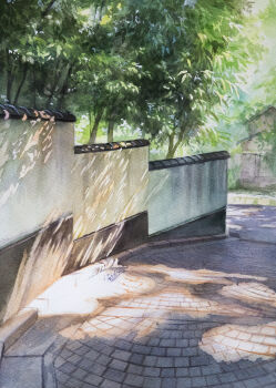 absurdres architecture brick_road building commentary_request dappled_sunlight drain_(object) east_asian_architecture highres kazuyuki_hashimoto landscape leaf no_humans original outdoors painting_(medium) plant road scenery storm_drain street summer sunlight traditional_media tree tree_shade visions_(pixiv) watercolor_(medium)