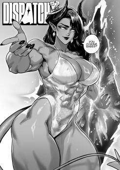 absurdres armpit_peek ass bare_arms bare_legs black_lips black_nails breasts cleavage_cutout clothing_cutout copyright_name covered_abs covered_erect_nipples covered_navel curly_hair demon_girl demon_horns demon_tail dispatch earrings english_text ericmartindood eyeshadow greyscale highres horns huge_ass jewelry large_breasts leotard light_smile long_hair looking_at_viewer makeup malevola_(dispatch) monochrome muscular muscular_female pointy_ears sideboob speech_bubble tail thick_eyebrows thick_thighs thighs white_eyes white_leotard wide_hips