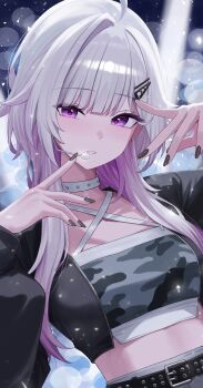 Rule 34 | 1girl, absurdres, ahoge, belt, black jacket, black nails, camouflage, camouflage shirt, choker, commentary, criss-cross halter, crop top, cropped jacket, gradient hair, hair ornament, hairclip, halterneck, highres, ine (vtuber), jacket, long hair, looking at viewer, midriff, multicolored hair, nail polish, open clothes, open jacket, parted lips, purple eyes, sei (0724sei6), shirt, solo, studded belt, upper body, virtual youtuber, waktaverse, white choker, white hair