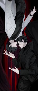 2boys absurdres black_coat black_eyes black_hair black_shirt black_wings coat commentary_request crying crying_with_eyes_open demon_horns feathered_wings hands_up hayu_beck highres horns kim_dokja korean_commentary looking_at_another male_focus multiple_boys official_alternate_costume omniscient_reader's_viewpoint open_clothes open_coat parted_lips shirt short_hair sky star_(sky) starry_sky tears upside-down white_coat wings yoo_joonghyuk