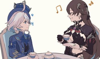 2girls ahoge black_dress blue_coat blue_eyes blue_hair breasts brown_hair coat commentary_request cup dress earrings eden_(honkai_impact) furina_(genshin_impact) genshin_impact gonnbe_fofo grey_hair highres holding holding_cup honkai_(series) honkai_impact_3rd jewelry large_breasts long_hair mihoyo multicolored_hair multiple_girls musical_note short_hair simple_background small_breasts smile teacup teapot two-tone_hair very_long_hair white_background
