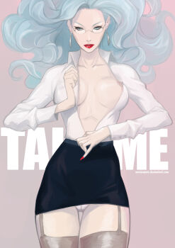 1girl baoshankaro berserk black_eyeliner black_skirt blue_eyes blue_hair breasts cleft_of_venus collarbone collared_shirt cowboy_shot demon_girl deviantart_username earrings eyeliner fingernails floating_hair garter_straps glasses grey_thighhighs hashtag-only_commentary highres jewelry long_fingernails long_hair looking_at_viewer makeup medium_breasts nipples no_bra no_panties parted_lips pencil_skirt pussy red_lips red_nails shirt skirt slan_(berserk) slit_pupils solo teeth thighhighs underwear undressing white_shirt