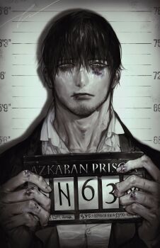 Rule 34 | 1boy, bags under eyes, black hair, black jacket, blood, bruise, commentary request, empty eyes, english text, facial hair, greyscale, half-closed eyes, height chart, highres, holding, holding sign, injury, jacket, korean commentary, looking at viewer, male focus, messy hair, monochrome, mugshot, open clothes, pale skin, pigeon666, prison, runes, serious, shirt, short hair, sign, simple background, stubble, upper body, white shirt, yellow eyes