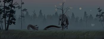 blurry claws commentary commentary_request concept_art creature depth_of_field fog food grass highres immorthis limited_palette monster non-web_source noodles original scenery simple_background tail tree watermark