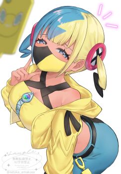 1girl amakusa_setoka aqua_hair bandeau black_mask blonde_hair breasts canari_(pokemon) commentary_request criss-cross_straps dark-skinned_female dark_skin hand_up heart heart-shaped_pupils highres index_finger_raised jacket large_breasts leaning_forward mask medium_breasts mega_stone mouth_mask multicolored_hair nintendo pants pokemon pokemon_legends:_z-a short_twintails solo split-color_hair symbol-shaped_pupils twintails two-tone_mask two-tone_pants yellow_bandeau yellow_jacket yellow_mask
