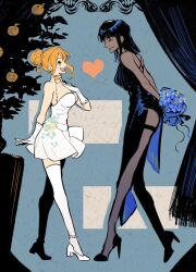 Rule 34 | 2girls, ^ ^, arms behind back, black dress, blunt bangs, bouquet, closed eyes, commentary, cross-laced clothes, cross-laced dress, curtains, dress, flower, food, fruit, full body, gloves, hair bun, heart, high heels, holding, holding bouquet, looking at another, mandarin orange, medium hair, mrjieshisu, multiple girls, nami (one piece), nico robin, one piece, open mouth, orange hair, profile, see-through thighhighs, side slit, sidelocks, smile, symbol-only commentary, thighhighs, tree, white dress, white gloves, white thighhighs