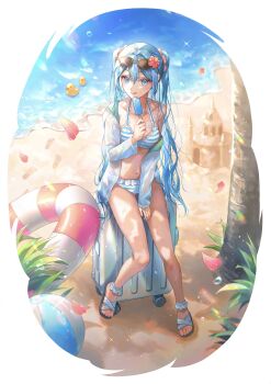 Rule 34 | 1girl, absurdres, alternate costume, ball, beach, beachball, bikini, blue eyes, blue hair, buoy, eyewear on head, food, hatsune miku, highres, holding, holding food, holding popsicle, kinakomocci518, on suitcase, popsicle, sitting, slippers, striped bikini, striped clothes, suitcase, sunglasses, swimsuit, vocaloid