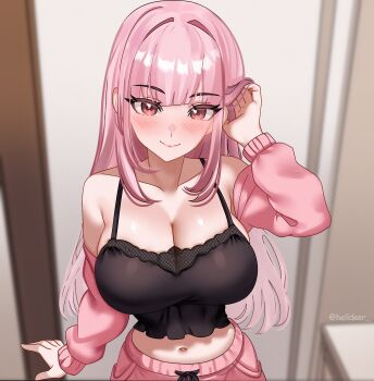 1girl absurdres adjusting_hair bare_shoulders black_camisole blurry blurry_background blush breasts camisole cleavage closed_mouth collarbone commentary helldeer highres hololive hololive_english huge_breasts indoors long_hair long_sleeves looking_at_viewer midriff mori_calliope navel pants pink_eyes pink_hair pink_lips pink_pants smile solo stomach thighs twitter_username virtual_youtuber