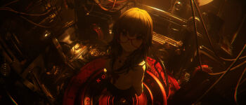 1girl arms_behind_back black_skirt brown_eyes brown_hair closed_mouth glasses highres indoors long_hair looking_at_viewer machine machinery original pleated_skirt scenery school_uniform serafuku skirt smile solo wang-xi wire