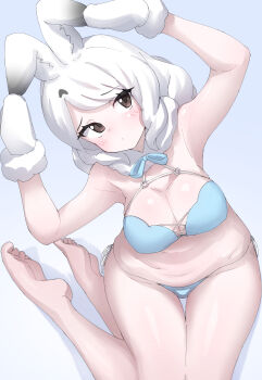 1girl absurdres animal_ears arctic_hare_(kemono_friends) armpits arms_up bikini black_eyes blue_background blue_bikini breasts cleavage commentary_request extra_ears gloves highres kemono_friends large_breasts long_hair looking_at_viewer lowlandgorilla neck_ribbon rabbit_ears rabbit_girl ribbon simple_background solo swimsuit white_hair