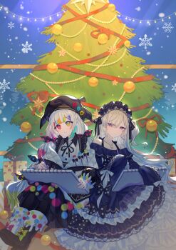 Rule 34 | 2girls, absurdres, artist request, asymmetrical footwear, bare shoulders, beret, black boots, black jacket, black skirt, blue dress, boots, bow, box, chinese commentary, christmas, christmas tree, closed mouth, commentary request, commission, dress, frilled dress, frilled sleeves, frills, gift, gift box, gothic lolita, hairband, hat, heterochromia, highres, holding, holding sketchbook, jacket, jogasaki noah, lolita fashion, lolita hairband, long hair, long sleeves, looking at viewer, mahou shoujo no majo saiban, mismatched footwear, multi-tied hair, multicolored hair, multiple girls, natsume an-an, neck ribbon, polka dot, polka dot bow, purple eyes, ribbon, second-party source, sitting, sketchbook, skirt, sleeves past fingers, sleeves past wrists, smile, snowflakes, snowing, streaked hair, very long hair, white boots, white hair, yellow eyes