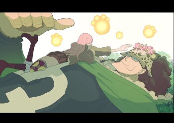 Rule 34 | 1boy, 1girl, artist request, bartholomew kuma, black hair, boots, brown jacket, commentary request, curly hair, father and daughter, glasses, hat, head rest, jacket, jewelry bonney, letterboxed, long hair, lying, lying on person, mixed-language commentary, official art, on back, one piece, pink hair, shorts, smile