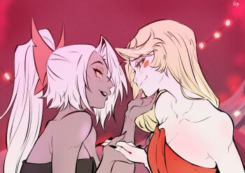 2girls absurdres bare_shoulders black_nails blonde_hair bow breasts charlie_morningstar circle_facial_mark colored_sclera colored_skin commentary couple english_commentary eye_contact fingernails grey_hair grey_skin hair_bow hand_on_another&#039;s_chin hand_on_another&#039;s_face hazbin_hotel hellaverse highres holding_hands light_blush long_fingernails looking_at_another multiple_girls pink_sclera ponytail raccoon_404 red_bow red_eyes sharp_fingernails smile vaggie yellow_eyes yellow_sclera yuri