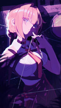 1girl absurdres black_pants black_ribbon blonde_hair blurry blurry_foreground breasts chest_harness closed_mouth cowboy_shot dark_background elbow_gloves evelyn_chevalier eyes_visible_through_hair globe gloves hair_between_eyes hair_intakes hand_on_own_hip harness head_tilt high-waist_pants highres hy_jinx indoors knife large_breasts latex_pants long_ribbon looking_at_viewer necktie o-ring o-ring_necktie pants partially_fingerless_gloves pendant_choker plant purple_eyes ribbon ring_hair_ornament see-through_clothes shadow shirt single_elbow_glove sleeveless sleeveless_shirt solo thread tight_clothes tight_pants uneven_bangs white_shirt yellow_necktie zenless_zone_zero