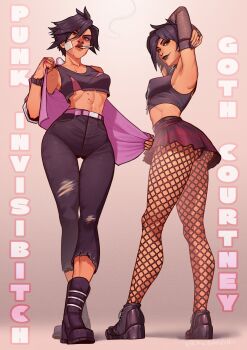 abs ass belly black_hair black_lips blood breasts brown_eyes dispatch elbow_gloves face_piercing fishnet_pantyhose fishnets gloves goth_fashion highres invisigal medium_breasts miniskirt nose_piercing nose_ring nosebleed orcbarbies pants pantyhose piercing short_hair simple_background skirt spiked_hair thighs torn_clothes torn_pants