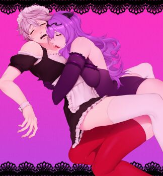 1boy 1girl absurdres bare_shoulders biting breasts brother_and_sister camilla_(fire_emblem) closed_eyes male_corrin_(fire_emblem) crossdressing fire_emblem fire_emblem_fates fire_emblem_heroes gloves gomicake halloween highres large_breasts leotard long_hair maid moaning nintendo open_mouth opera_gloves pink_hair purple_hair short_hair siblings simple_background stepsiblings thighhighs trap vampire vampire_costume