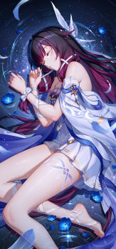1girl bare_legs bare_shoulders black_hair blue_flower chinese_commentary closed_eyes columbina_(genshin_impact) commentary_request dress flower foot_out_of_frame genshin_impact highres lightria long_hair multicolored_hair off-shoulder_dress off_shoulder petals purple_hair ribbon sleeping solo streaked_hair thighs very_long_hair white_dress white_ribbon wrist_ribbon