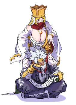 1boy 1girl breasts cleavage digimon gokuwmon highres large_breasts mask monk monkey sanzomon