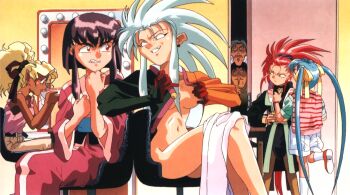 1990s_(style) aqua_hair black_hair blonde_hair bowl chair earrings eating gloves green_hair grey_hair grin hakubi_washuu high_ponytail holding holding_bowl jewelry kuramitsu_mihoshi long_sleeves looking_at_another masaki_aeka_jurai masaki_katsuhito masaki_nobuyuki masaki_sasami_jurai masaki_tenchi navel non-web_source nude official_art on_chair peeking pink_hair pink_tank_top pointy_ears ponytail purple_hair red_eyes red_gloves retro_artstyle ryouko_(tenchi_muyou!) shorts sitting smile spiked_hair standing standing_on_one_leg swivel_chair tank_top tenchi_muyou! white_shorts yellow_eyes