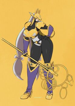 1girl armor black_bodysuit bodysuit breasts digimon digimon_(creature) fox_mask full_body gold_armor grey_hair highres holding holding_staff large_breasts long_hair mas_square mask purple_lips sakuyamon simple_background solo staff yellow_background