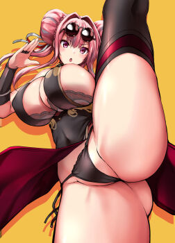 Rule 34 | 1girl, akizuki akina, axe kick, azur lane, black dress, black panties, black thighhighs, bra, bra peek, braid, braided bun, breasts, bremerton (azur lane), bremerton (kung fu cruiser) (azur lane), bridal gauntlets, brown bra, china dress, chinese clothes, crotch, double bun, dress, eyewear on head, fighting stance, flexible, hair bun, hair intakes, high kick, highres, kicking, large breasts, leg lift, long hair, mole, mole on breast, mole under eye, multicolored hair, official alternate costume, open mouth, panties, pantyshot, pelvic curtain, pink eyes, pink hair, round eyewear, side-tie panties, solo, split, standing, standing on one leg, standing split, strapless, strapless bra, streaked hair, thighhighs, tinted eyewear, underwear