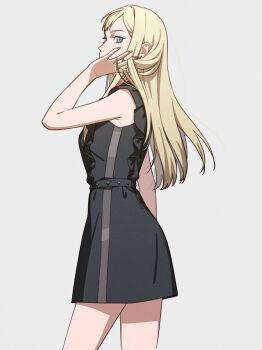 Rule 34 | 1girl, aqua eyes, black dress, blonde hair, breasts, commentary request, cowboy shot, dress, earrings, fingernails, gigi andalusia, grey background, gundam, gundam hathaway's flash, hand in own hair, jewelry, long fingernails, long hair, looking at viewer, medium breasts, mishio, nail polish, pink nails, short dress, sleeveless, sleeveless dress, solo, straight hair