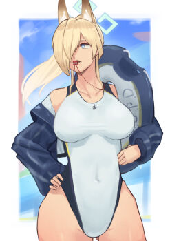 Rule 34 | 1girl, ametsuchidoji, animal ear fluff, animal ears, blonde hair, blue archive, blue eyes, blue halo, blue jacket, breasts, commentary request, competition swimsuit, covered navel, dog ears, dog girl, extra ears, hair over one eye, halo, hand on own hip, highleg, highleg one-piece swimsuit, highres, innertube, jacket, kanna (blue archive), kanna (swimsuit) (blue archive), large breasts, long hair, looking at viewer, notched ear, official alternate costume, one-piece swimsuit, ponytail, solo, swim ring, swimsuit, whistle, whistle around neck, white one-piece swimsuit