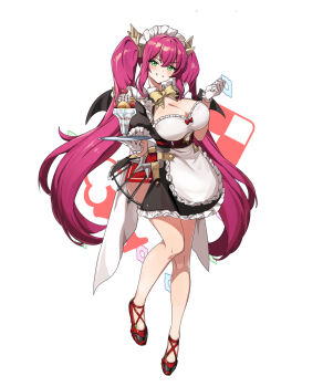 Rule 34 | 1girl, alternate costume, apron, black dress, blush, breasts, cleavage, dress, duel monster, ebi bento, evil twin ki-sikil, frilled apron, frills, gloves, green eyes, highres, ki-sikil (yu-gi-oh!), large breasts, long hair, looking at viewer, maid, maid apron, open mouth, pink hair, puffy short sleeves, puffy sleeves, short sleeves, simple background, smile, unconventional maid, waist apron, white apron, white headdress, yu-gi-oh!