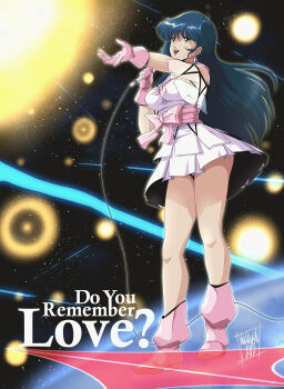 Rule 34 | 1980s (style), 2022, absurdres, battle, black hair, commentary, danmakuman, dated, dress, earrings, earth (planet), emblem, energy beam, english commentary, english text, explosion, faux traditional media, gloves, highres, holding, holding microphone, in orbit, jewelry, long hair, lynn minmay, macross, macross: do you remember love?, mecha, microphone, miniskirt, music, nebula, oldschool, planet, reaching, retro artstyle, robot, scene reference, science fiction, sdf-1, signature, singing, skirt, space, spacecraft interior, star (sky), title, u.n. spacy, war, window