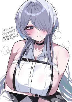 1girl arms_under_breasts bare_shoulders black_choker black_corset black_gloves blue_eyes blush breasts brid_(nikke) brid_(silent_track)_(nikke) chest_harness choker collared_shirt colored_inner_hair commentary_request corset dos_dos121 dress_shirt earrings gloves goddess_of_victory:_nikke hair_over_one_eye harness highres hoop_earrings jewelry large_breasts long_hair multicolored_hair pants shirt sideboob sideless_shirt simple_background sleeveless sleeveless_shirt solo tight_clothes tight_pants translation_request very_long_hair white_background white_hair white_pants white_shirt