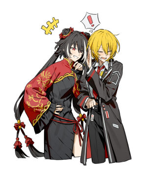 Rule 34 | !, 2girls, black coat, black dress, blonde hair, closed eyes, coat, collared shirt, cowboy shot, don quixote (project moon), dress, frilled sleeves, frills, hashtag-only commentary, highres, jia xichun (project moon), lapels, limbus company, long hair, multiple girls, notched lapels, open mouth, project moon, red shrug, shirt, short hair, shrug (clothing), side slit, simple background, twintails, uzr akira, very long hair, white background, white shirt