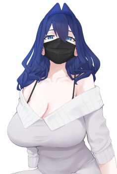 absurdres blue_eyes blue_hair breasts cleavage collarbone hair_intakes highres hololive hololive_english large_breasts long_hair looking_at_viewer mask ouro_kronii plunging_neckline scnd_hanaxavier shirt sitting strap virtual_youtuber white_shirt