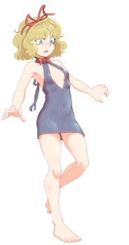 1girl absurdres ass_peek blonde_hair blue_eyes bow breasts feet highres legs medicine_melancholy open_mouth red_bow red_ribbon revenge_(vengerezn) ribbon small_breasts solo thighs touhou virgin_killer_sweater